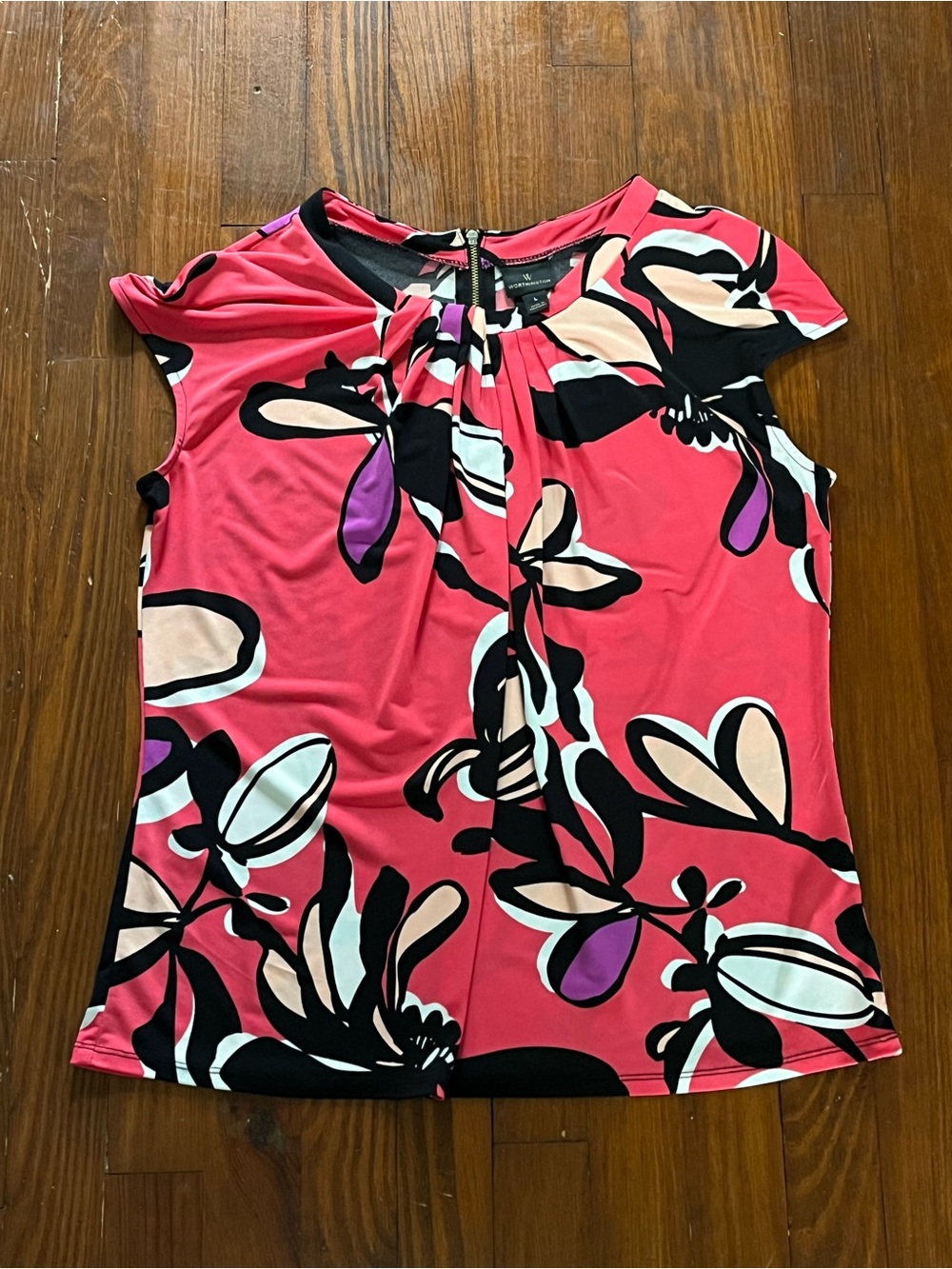 Worthington Pink Floral Cap-Sleeve Blouse Women’s Large